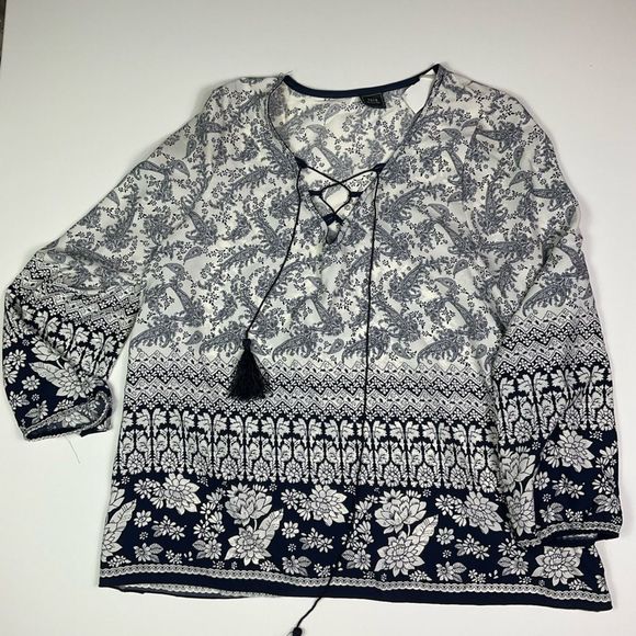 Navy and White Floral Women's Blouse - Picture 1 of 5